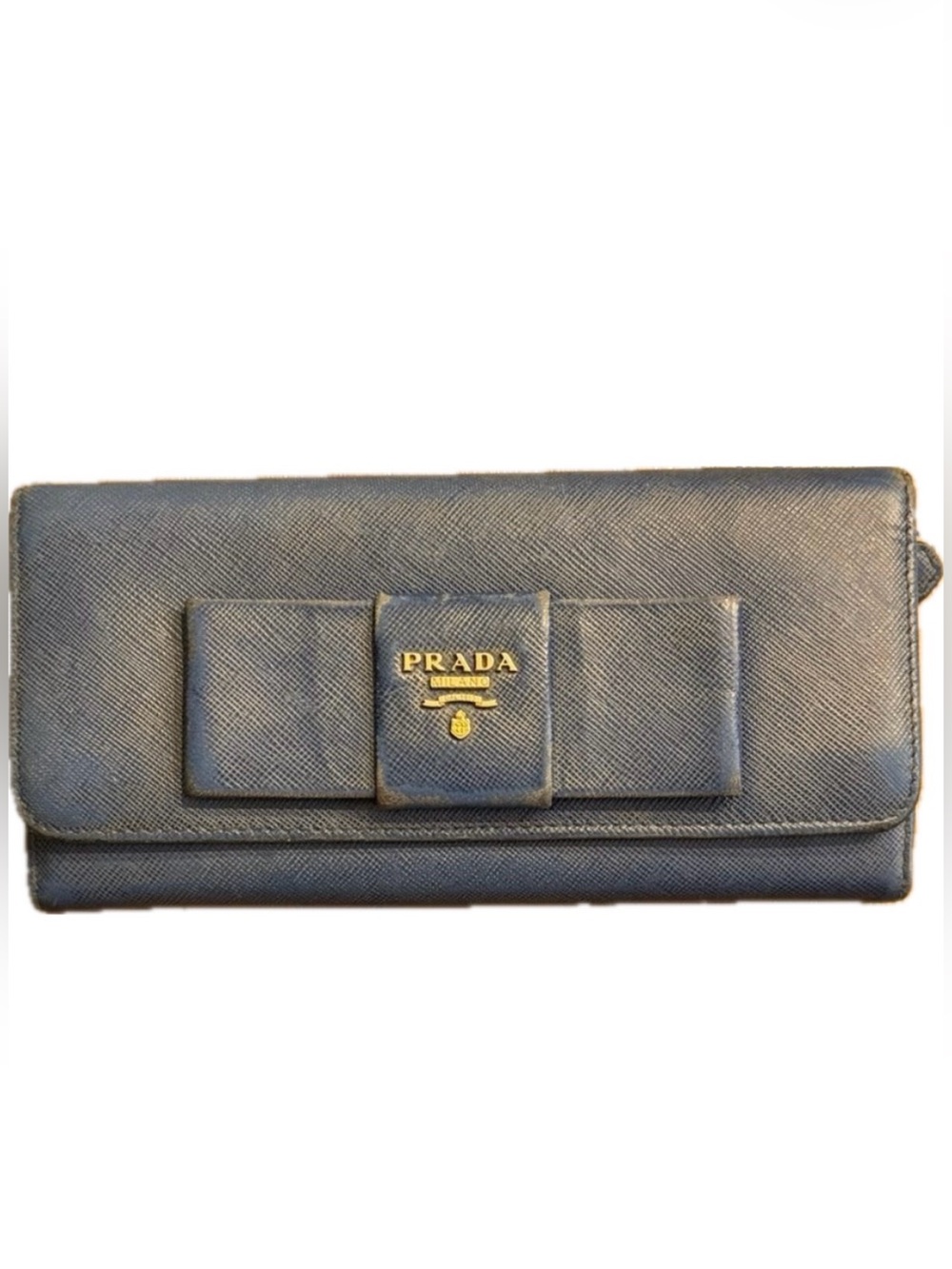 REHAB PROJECT Prada Saffiano Bow Continental Blue Leather Zip Around Wallet